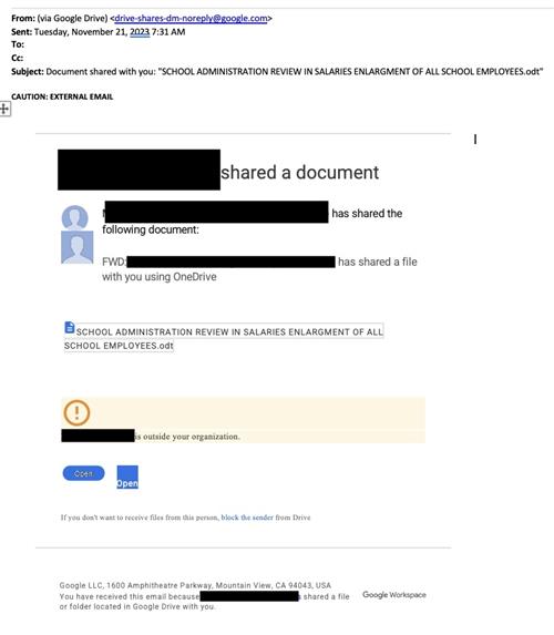 Email showing shared malicious Google Document